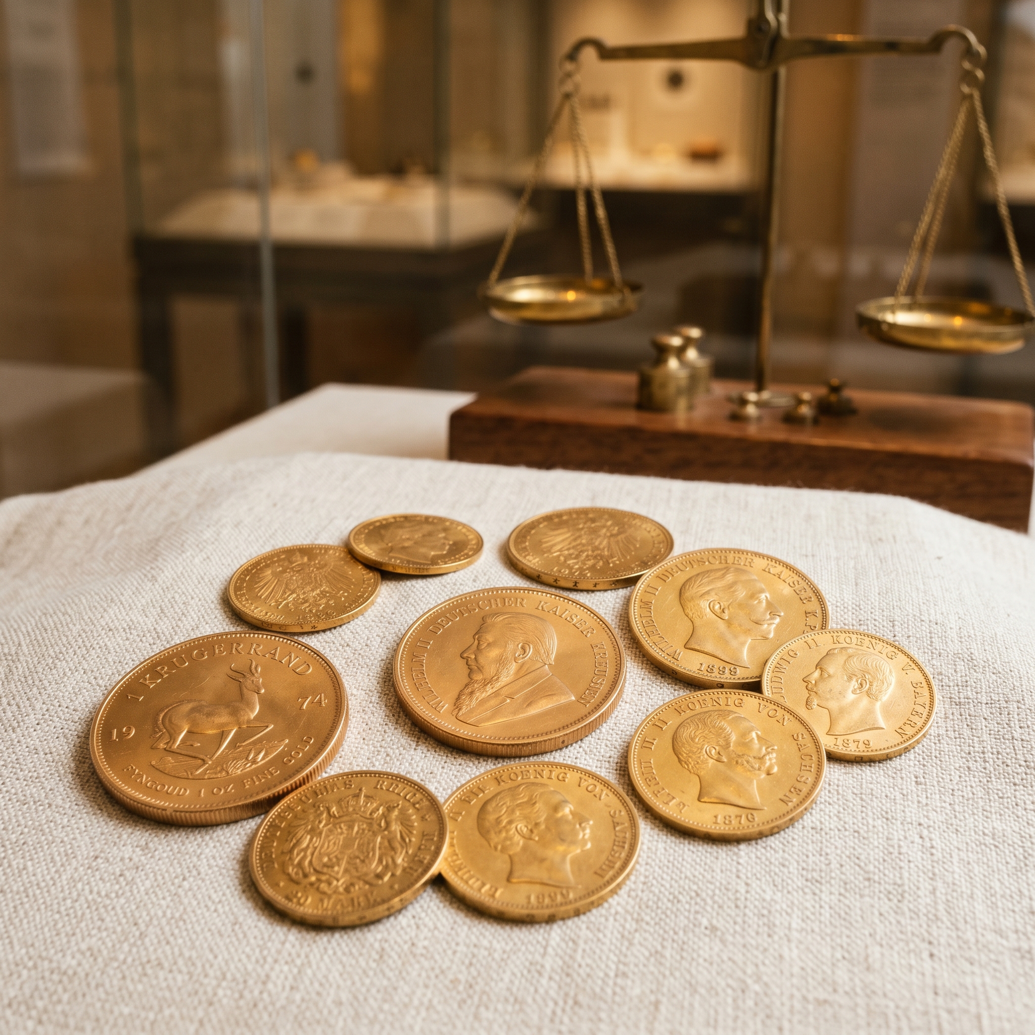 Antike Goldmünzen und Krugerrand auf Leinen