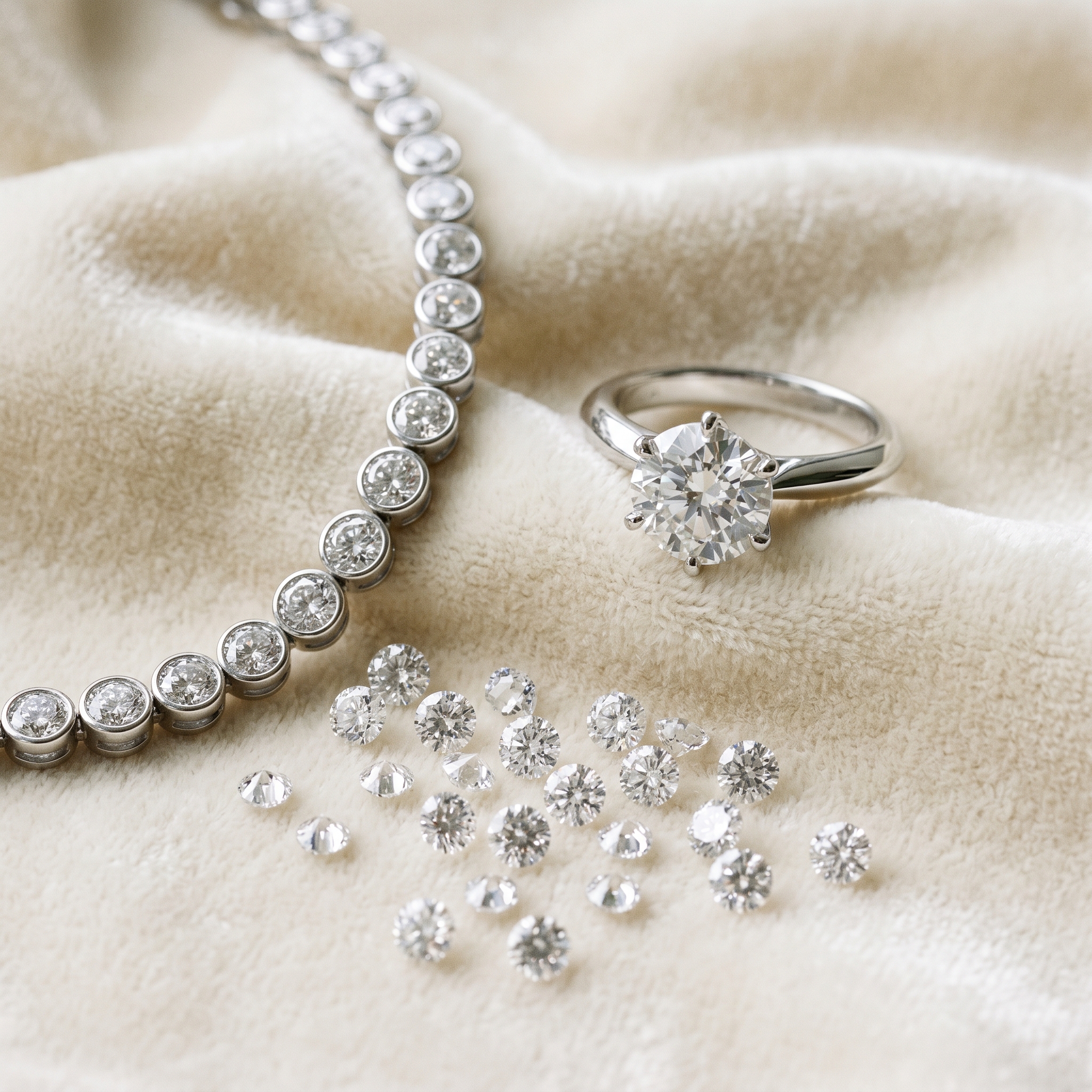 Brillant­ringe und lose Diamanten auf Samt