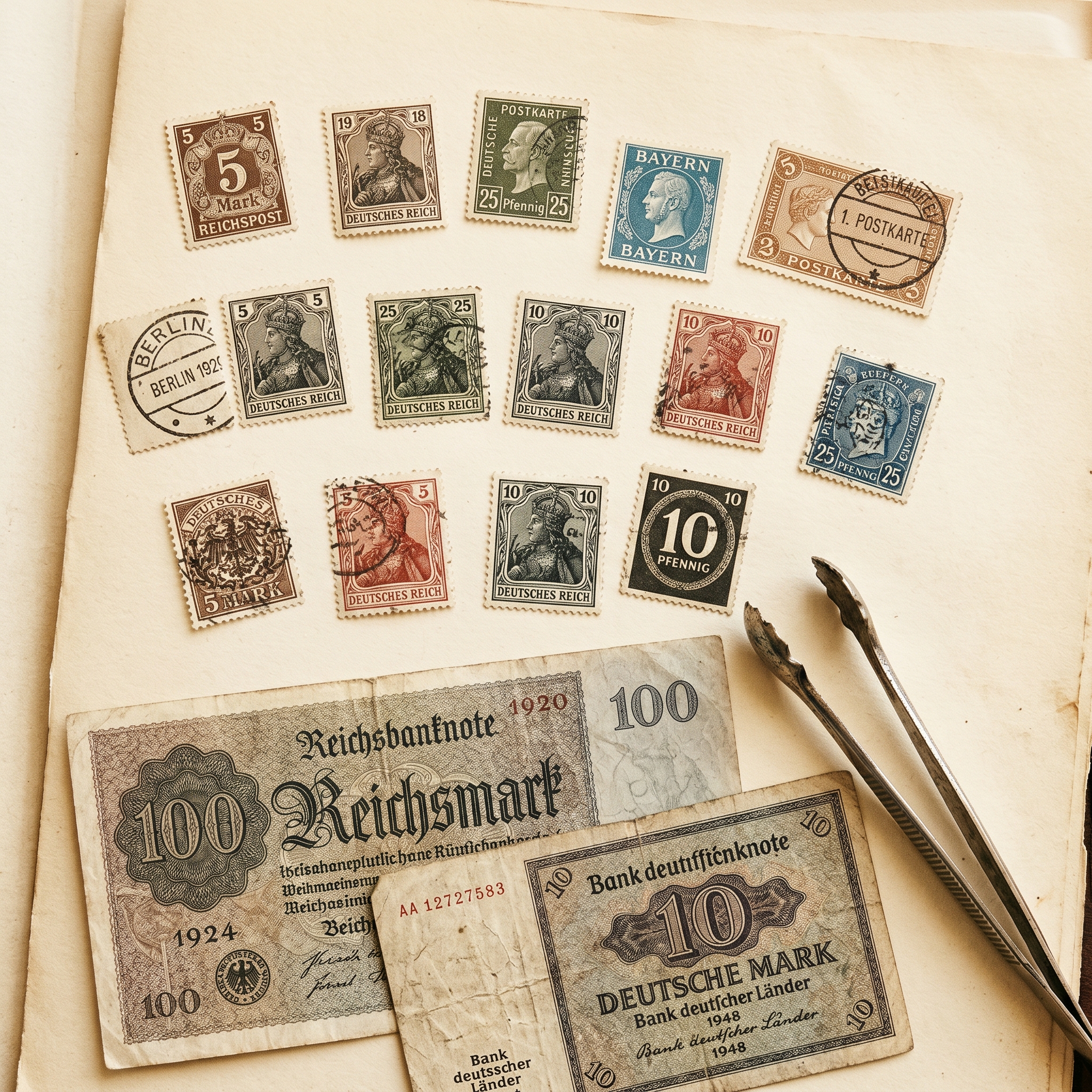 Antike Briefmarken und historische Banknoten