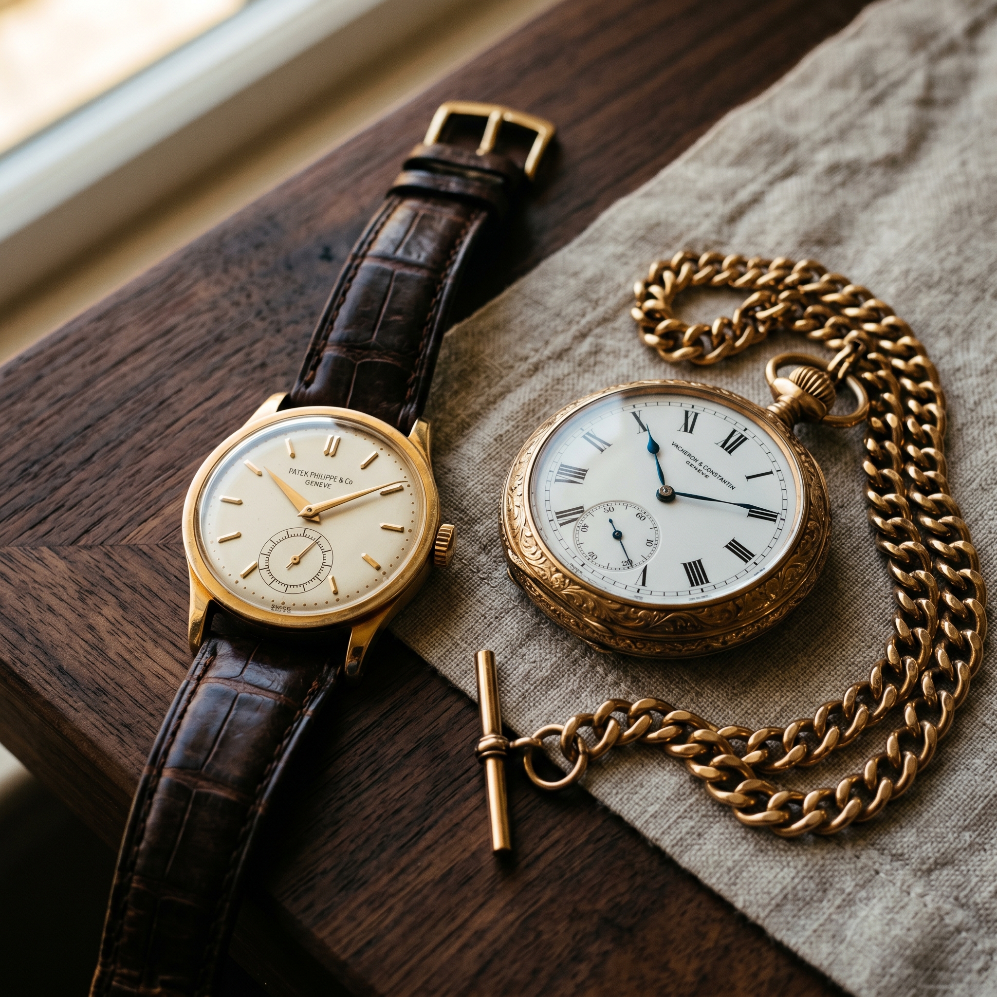 Vintage-Goldarmbanduhr und Taschenuhr auf Walnuss
