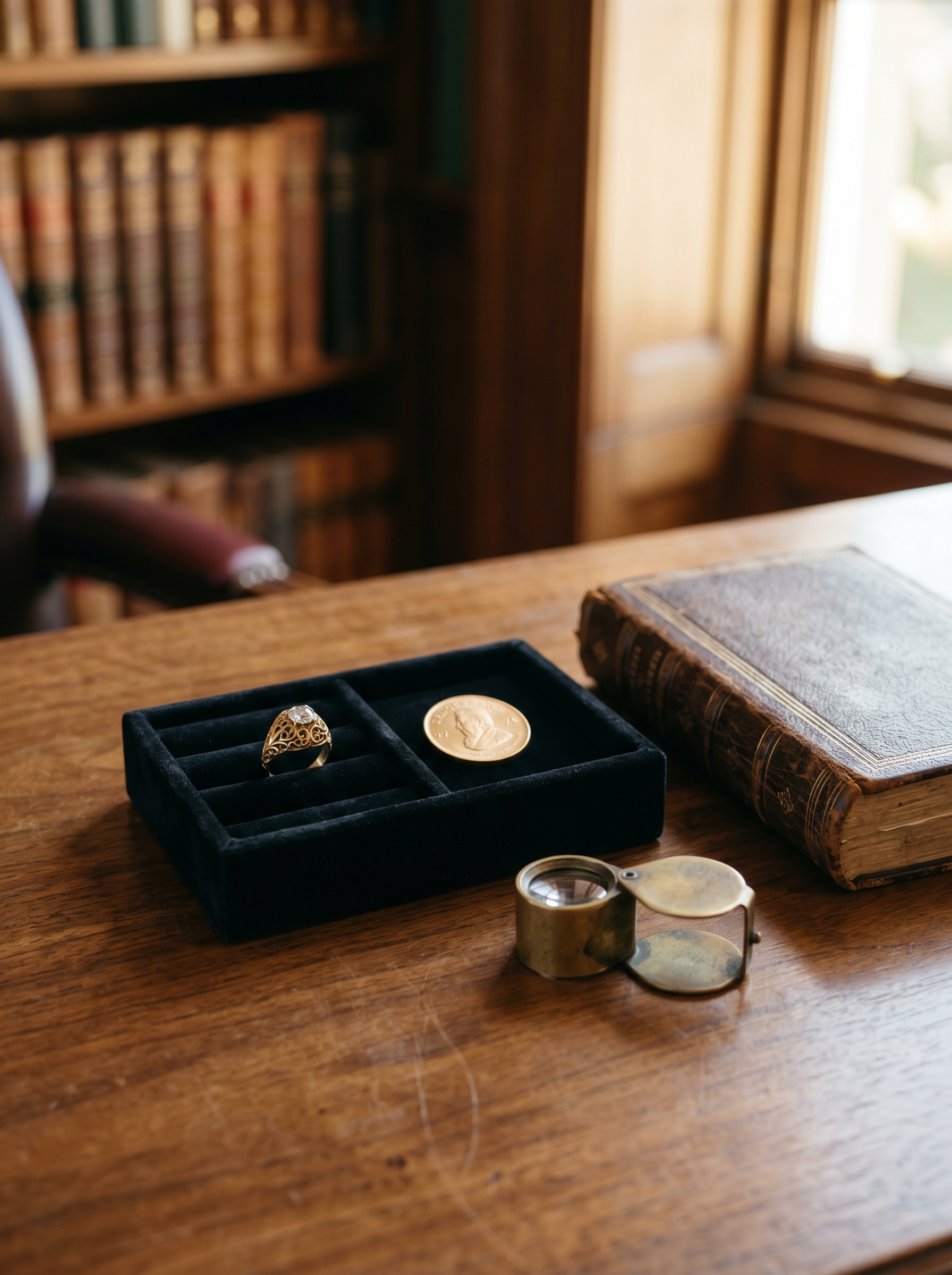 Diskrete Bewertungssituation — Goldring und Krugerrand auf Samt-Tablett, antikes Buch und Lupe in einer Bibliothek