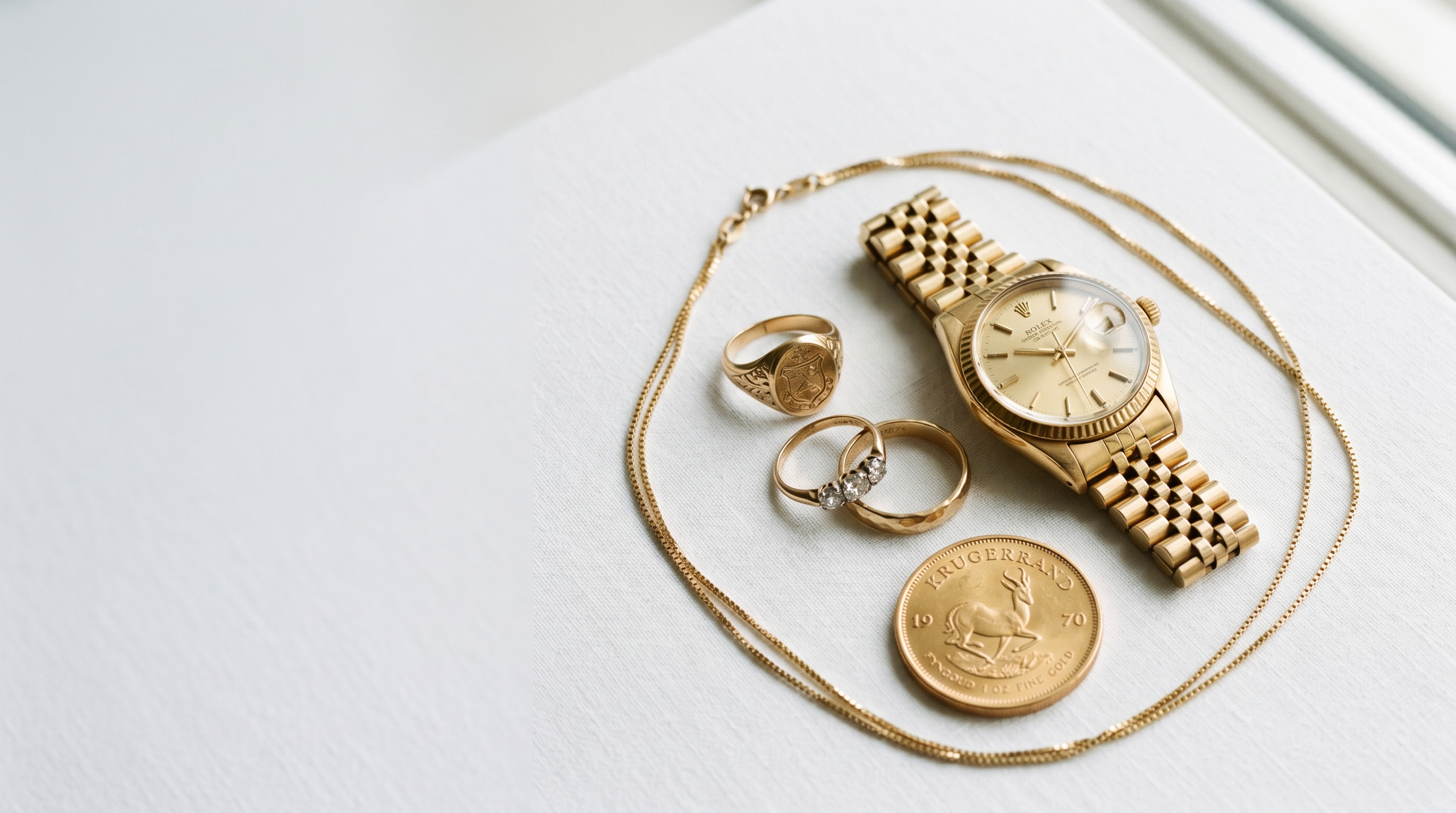 Goldschmuck, Goldmünze, Vintage-Rolex und Goldketten — Beispielobjekte für den Ankauf bei Goldschatz Viersen